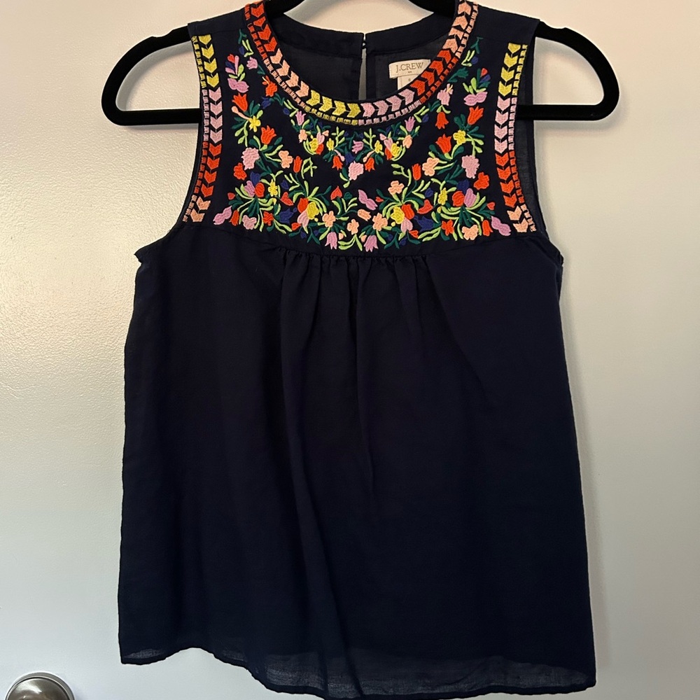 J. Crew Navy Top with Colorful Embroidery